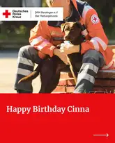Titelbild happy birthday cinna 2026 Titelbild mit einem Rettungshundeführer des Deutschen roten Kreuzes mit seinem Labrador Rettungshund