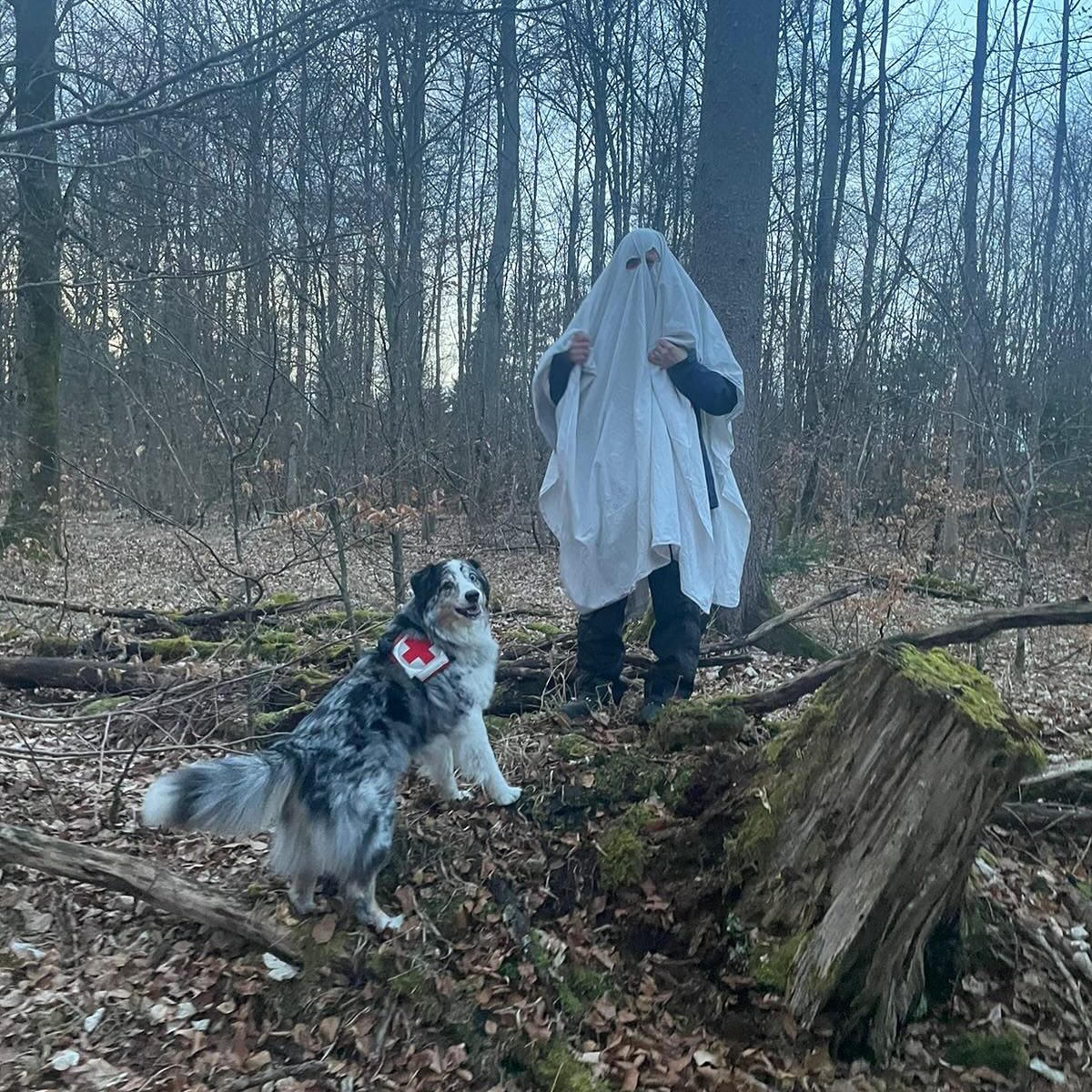 Rettungshund Maya hat eine Versteckperson gefunden, die als Geist verkleidet ist.