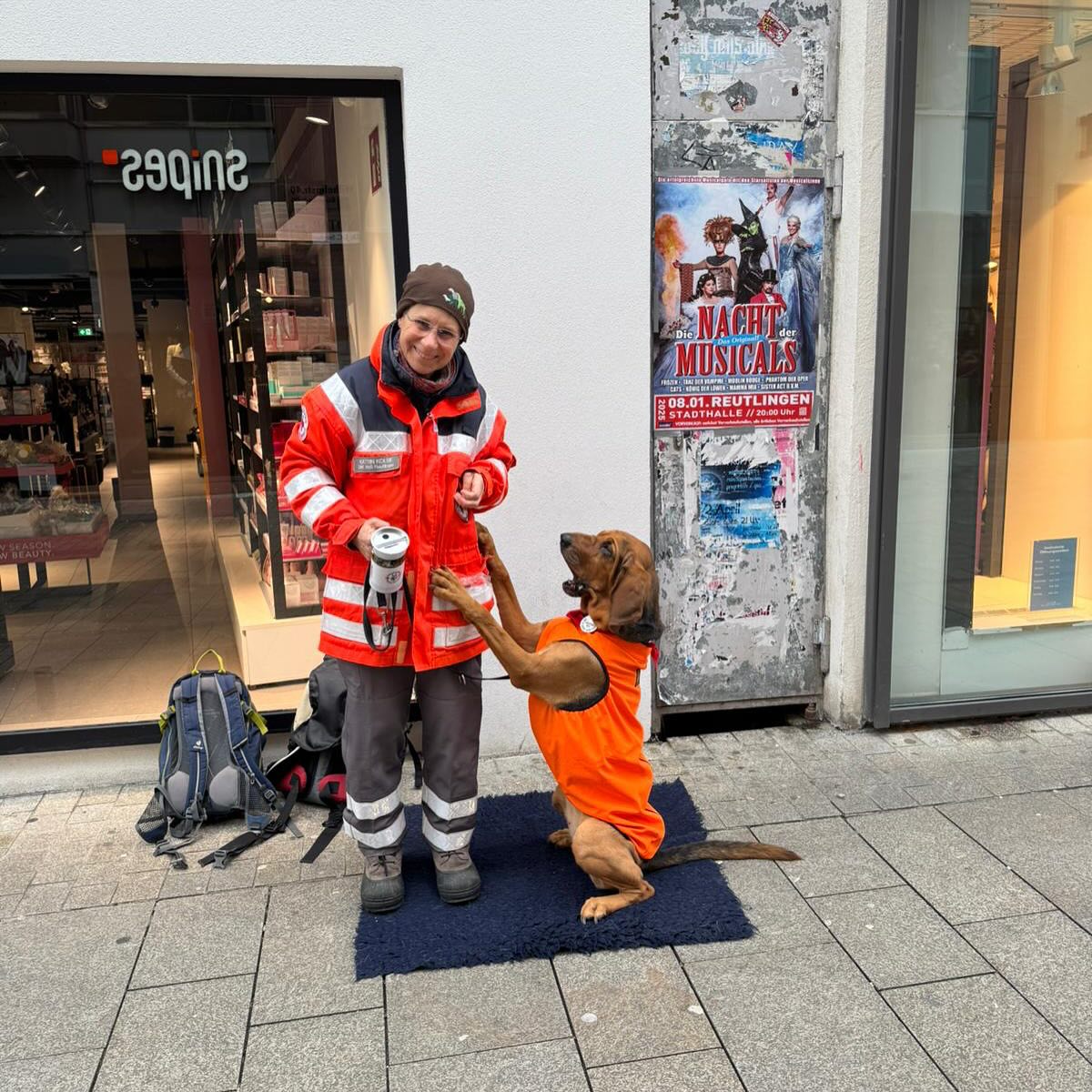 DRK Mitglied mit Rettungshund beim weihnachtlichen Spenden sammeln