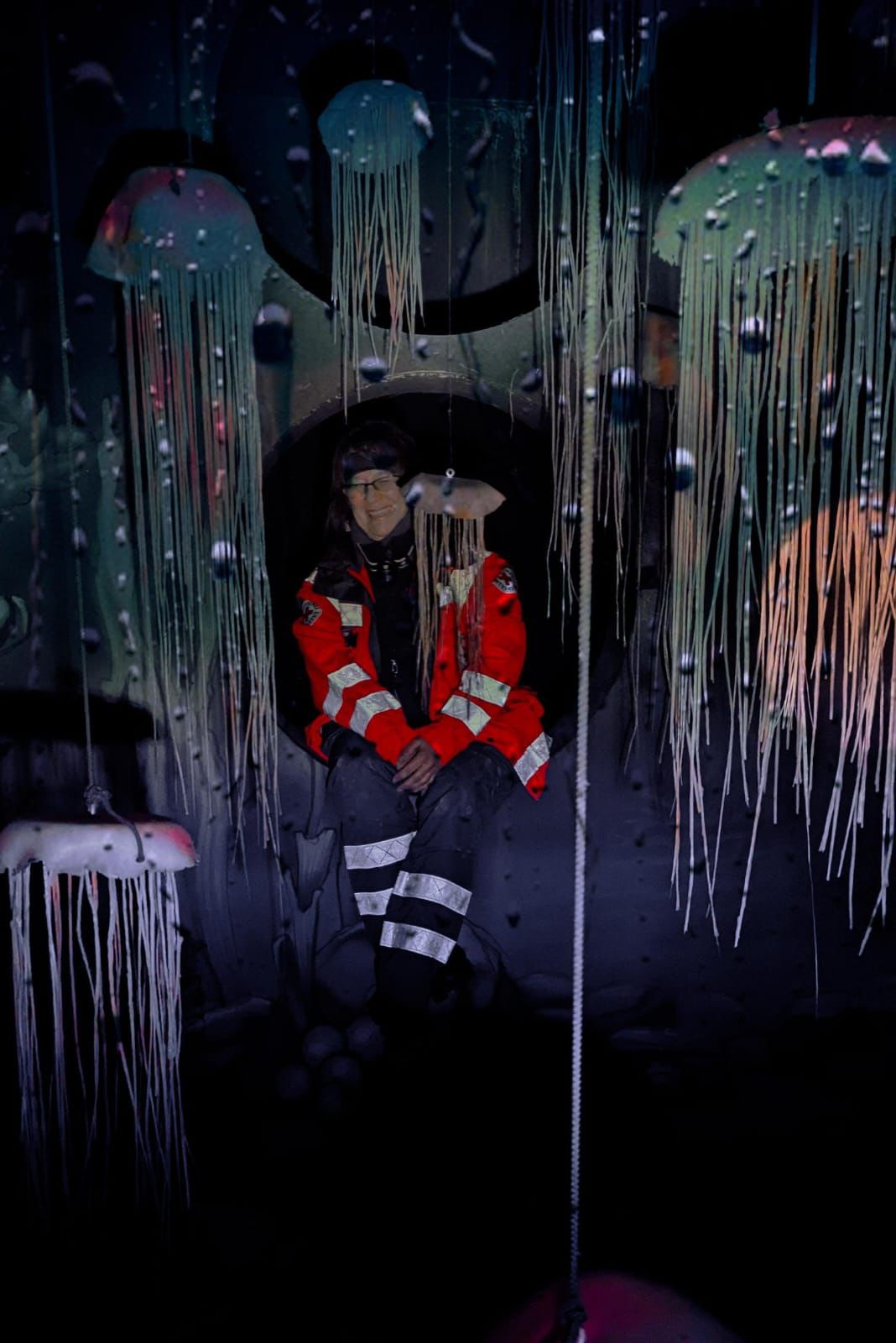 Ein Mitglied der Rettungshundestaffel sitzt im Europapark in einer Unterwasserszene mit Quallen und Luftblasen.