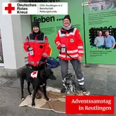 Zwei DRK Mitglieder sammeln mit ihren Hunden in einer Einkaufspassage