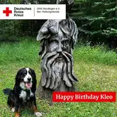Happy Birthday Kleo 2024 Hund sitzt neben Holzskulptur in der Wiese