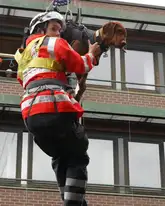 Rettungshund mit Hundeführer Beim Abseilen