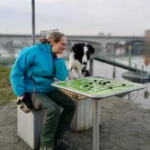 Palo und Yvonne Frau spielt mit Hund Mühle am Fluss